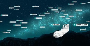 This artist’s illustration represents the start of the alert stream from NSF–DOE Vera C. Rubin Observatory. The summit facility is shown on a rocky ridge. The night sky features stars and the glittering band of the Milky Way Galaxy. The sky is populated with multiple alert “pings,” representing individual alerts from Rubin that something in the sky has changed in brightness or position. Different icons represent various types of alerts, including asteroids, supernovae, active galactic nuclei, and variable stars.